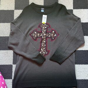 Black Sweater with Leopard Cross Design